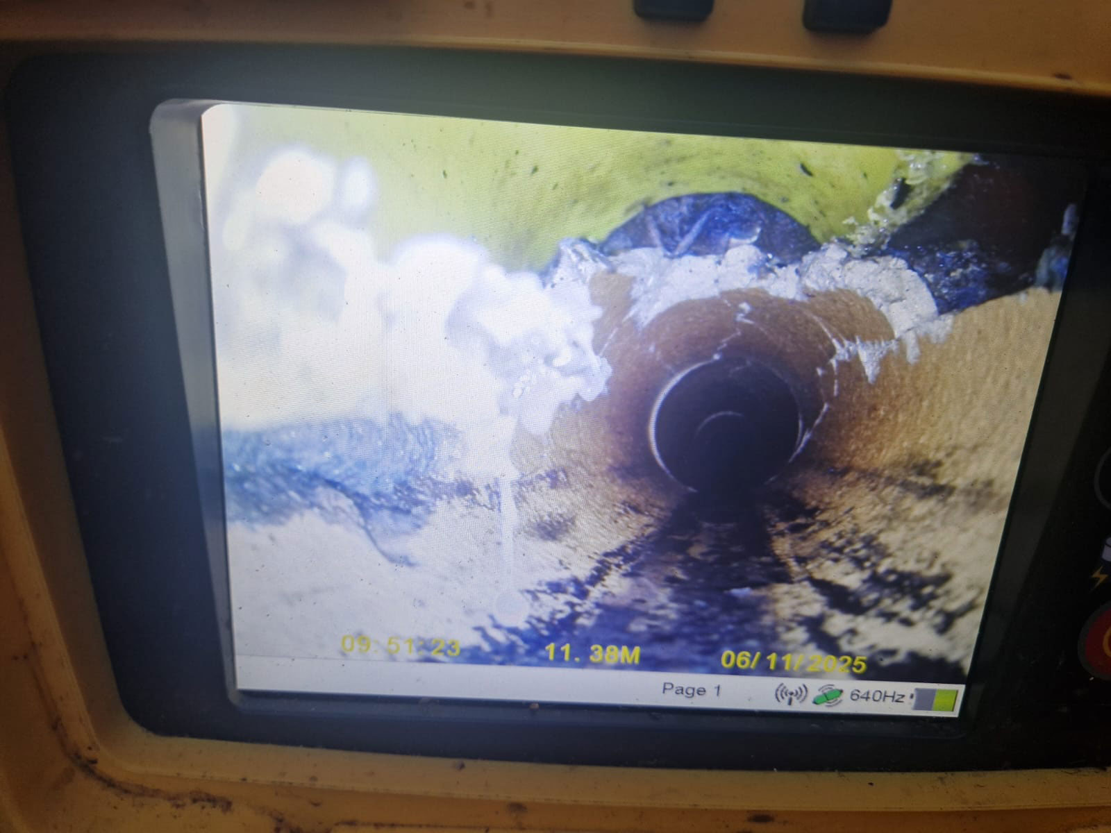 CCTV drain survey image showing badly damaged drain pipe in Epsom before repair by Drain Ace