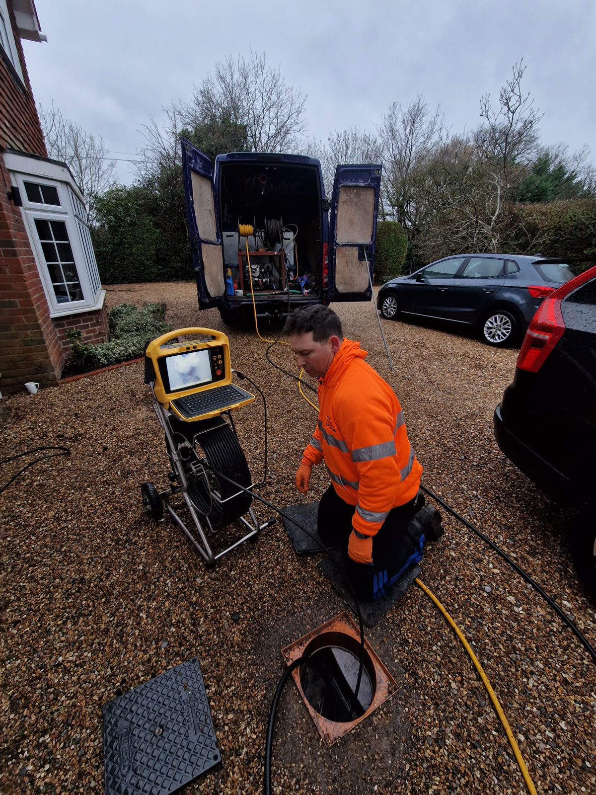 Drain unblocking with CCTV and jetting in Epsom Declan from Drain Ace unblocking a drain in Epsom using CCTV inspection followed by high pressure drain jetting